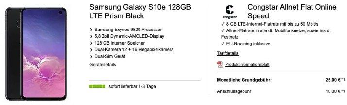 Samsung Galaxy S10e 128GB für 99€ + Telekom Flat von Congstar mit 8GB LTE für 25€ mtl.