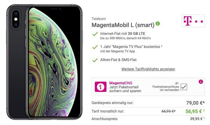 iPhone XS für 79€ + Telekom Flat mit bis 30GB LTE ab 56,95€ mtl. + 1 Jahr Magenta TV Plus gratis