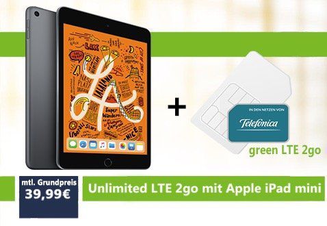 iPad Mini (2019) mit 64GB + 4G für 69,99€ + o2 Datentarif mit unbegrenztem Datenvolumen (!) für 39,99€ mtl.