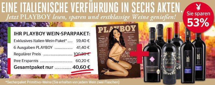 6 Ausgaben Playboy für 40,60€ inkl. 6 Flaschen Italienischen Wein (3 Sorten)