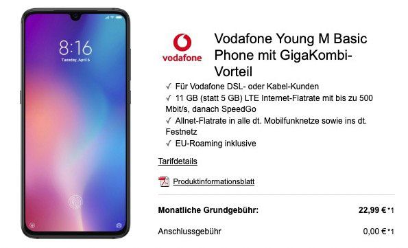 Junge Leute mit GigaKombi: Xiaomi Mi 9 für 49€ + Vodafone Flat mit 11GB LTE für 22,99€ mtl.