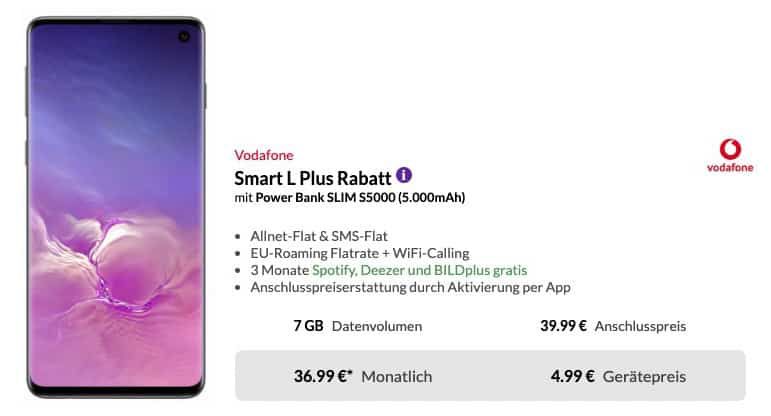 Samsung Galaxy S10 für 4,95€ + gratis Powerbank + Vodafone Flat mit 7GB LTE für 36,99€ mtl.