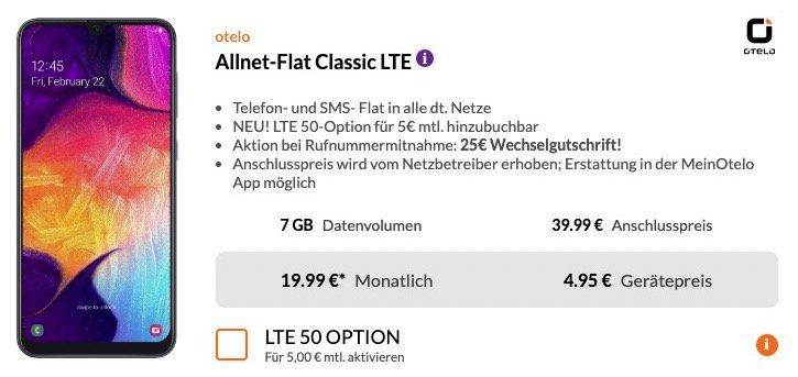 Samsung A50 für 4,95€ + Vodafone Flat von otelo mit 7GB LTE ab 19,99€ mtl.