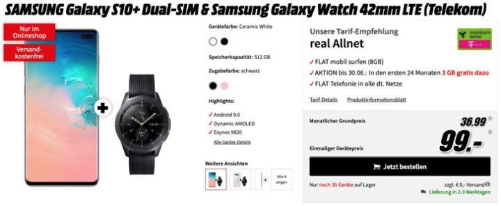 Samsung Galaxy S10+ mit 512GB Weiss inkl. Galaxy Watch mit LTE für 99€ + Telekom Flat mit 11GB Daten für 36,99€ mtl.