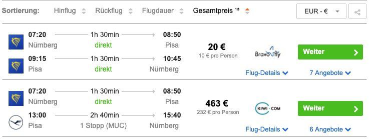 Italien: Hin  und Rückflug von Nürnberg nach Pisa inkl. Handgepäck für nur 10€ pro Person