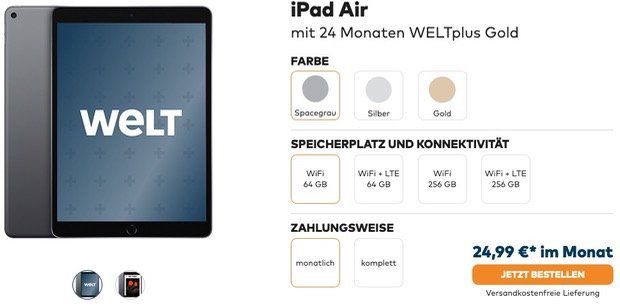 Welt Digital HD Zweijahresabo mit Gratis Tablet z.B. Apple iPad Pro 11 64GB