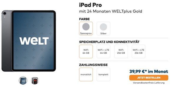 Welt Digital HD Zweijahresabo mit Gratis Tablet z.B. Apple iPad Pro 11 64GB