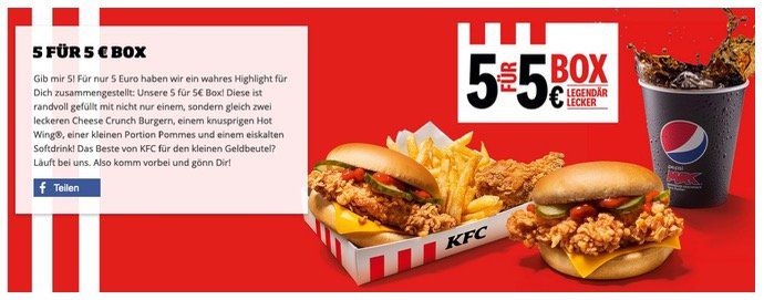 KFC 5für5: Box mit 2 Burgern, 1 Hot Wing, Pommes und Getränk für 5€