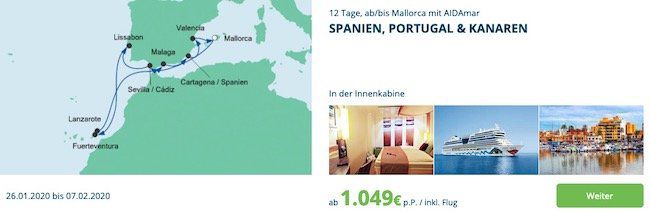 🚢 AIDA Wochenendeinkauf z.B. 12 Tage Spanien, Portugal & Kanaren ab 1.049€ p.P. inkl. Flug