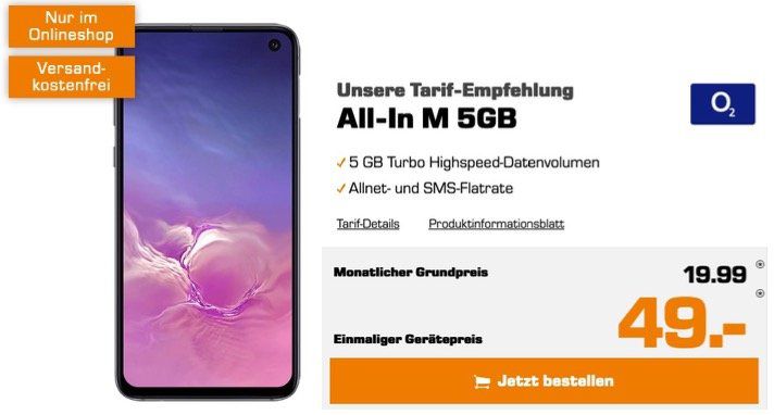 Samsung Galaxy S10e für 49€ + o2 Allnet Flat mit SMS mit 5GB LTE für 19,99€ mtl.