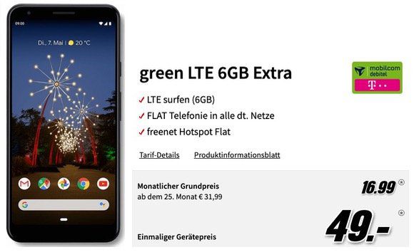 Google Pixel 3a XL für 49€ + Teleko Allnet Flat mit 6GB LTE für 16,99€ mtl.