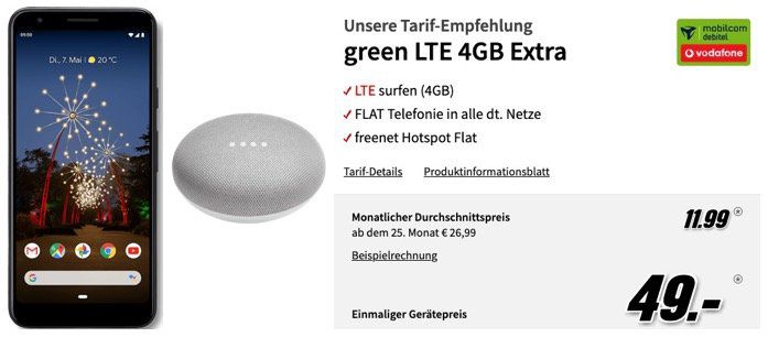 Google Pixel 3a + Google Home mini für 49€ + Vodafone Flat mit 4GB LTE für rechn. 11,99€ mtl.