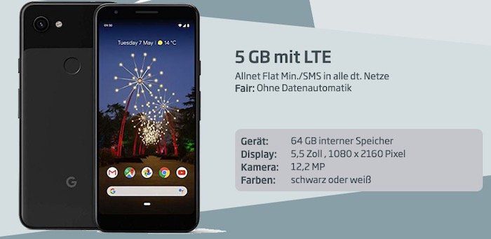 Google Pixel 3a für 1€ + o2 Allnet Flat mit 5GB LTE für 14,99€ mtl.