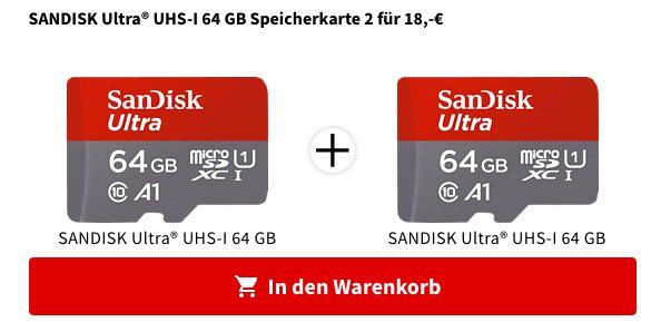 2x Sandisk Ultra A1 64GB microSDXC UHS I Class10 für 18€ (statt 25€)