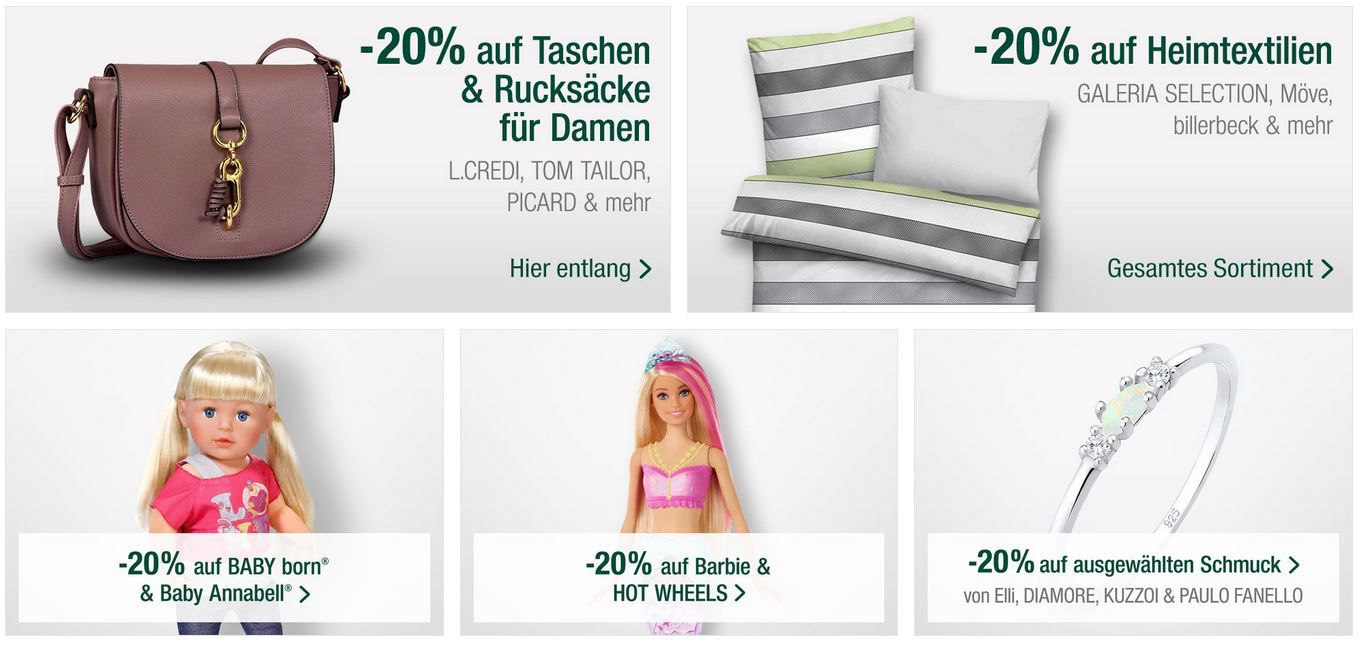 Galeria Kaufhof Feiertagsangebote: z.B. 20% Rabatt auf ausgewählte Haushaltswaren, Barbie & HOT WHEELS uvam.