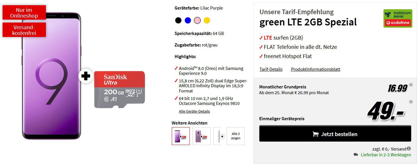 Vorbei! Samsung S9 Plus + 200 GB microSD für 49€ + Vodafone Flat + 2GB LTE für 16,99€ mtl.
