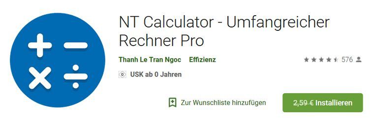 Android: NT Calculator   Umfangreicher Rechner Pro kostenlos (statt 2,59€)
