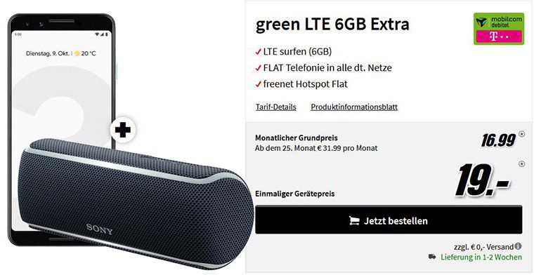 Endet heute: 🔥 Google Pixel 3 + Sony SRS XB 21 für 19€ + Telekom oder Vodafone Flat mit 6GB LTE für 16,99€ mtl.