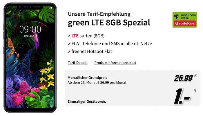 LG G8S ThinQ 128GB für 1€ + Vodafone Allnet Flat mit 8GB LTE für 26,99€ mtl.