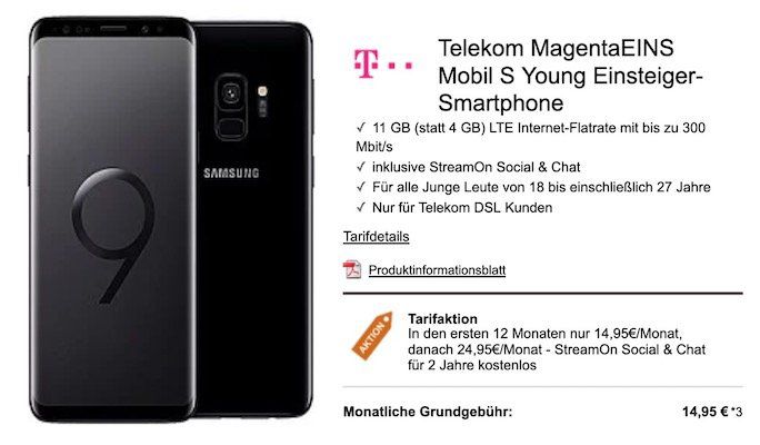 Knaller! Samsung Galaxy S9 für 4,99€ + Telekom Flat mit 11GB LTE für 19,95€ mtl. – nur Junge Leute + MagentaEins