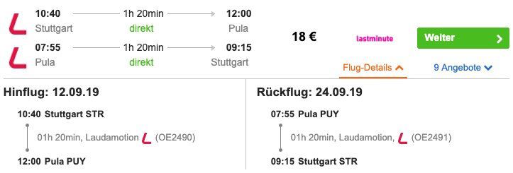 Kroatien: Hin  & Rückflug von Stuttgart nach Pula inkl. 10kg Handgepäck ab 18€