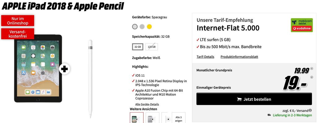 Apple iPad 2018 LTE + Pencil  + Vodafone 5GB LTE Datenflat für 19,99€ mtl.   TIPP!
