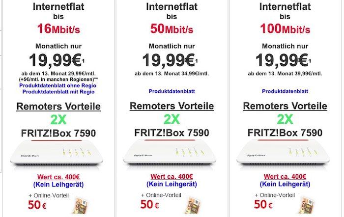 🔥Knaller!🔥 Vodafone DSL bis 100k inkl. Fritzbox 7530 oder 50€ Online Vorteil + 2er Pack Fritzbox 7590 ab 24,99€ mtl.