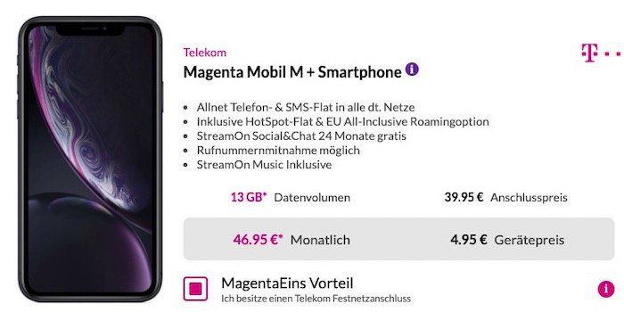 iPhone XR 128GB für 4,95€ + Telekom Flat mit bis zu 13GB LTE ab 46,95€ mtl.