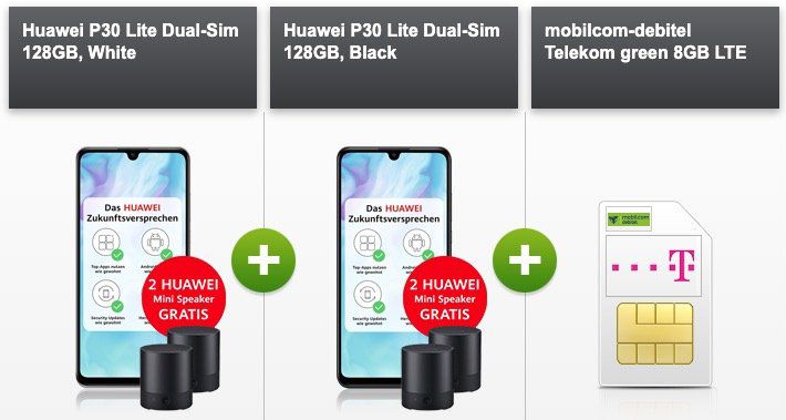 2x Huawei P30 lite + 2x Huawei Speaker für 4,95€ + Telekom Flat mit 8GB LTE für 36,99€ mtl.