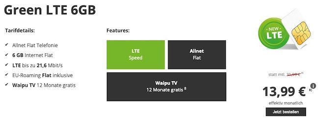 Allnet Flatrate im Vodafone Netz mit 6GB LTE für 13,99 Euro   inkl. Waipu 12 Monate gratis