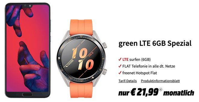 Schnell: Huawei P20 Pro + Watch GT Active für 49€ + Vodafone Flat mit 6GB LTE für 21,99€ mtl.