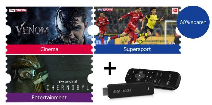 Sky Ticket: 1 Monat Supersport, Cinema & Entertainment für 29,99€ (statt 50€) + gratis TV Stick