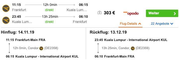 Malaysia: Hin  und Rückflug von Frankfurt nach Kuala Lumpur ab 303€