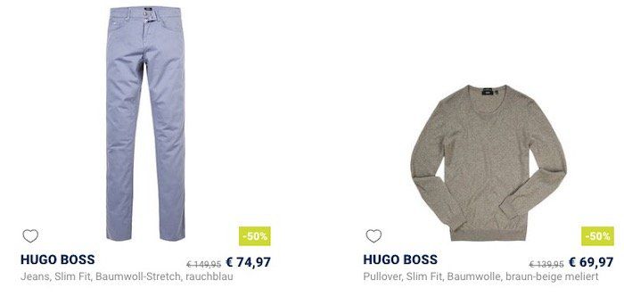 Hugo Boss: bis  30% beim Herrenausstatter   z.B. Stretch Jeans in Slim Fit für 69,97€ (statt 85€)