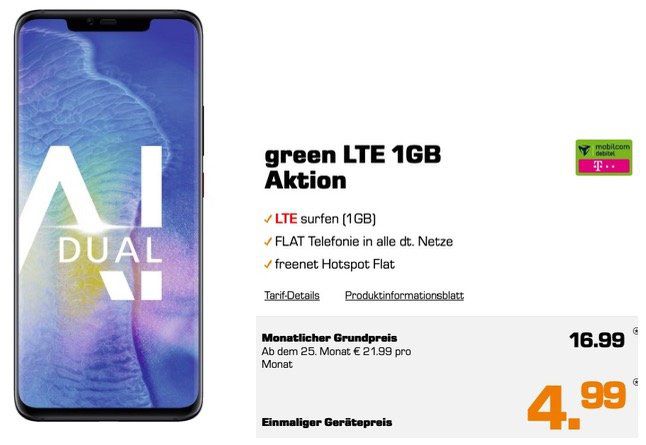 *effektiv gratis Tarif* Huawei Mate20 Pro für 5€ (statt 456€) + Telekom Allnet Flat mit 1GB LTE für 16,99€ mtl.