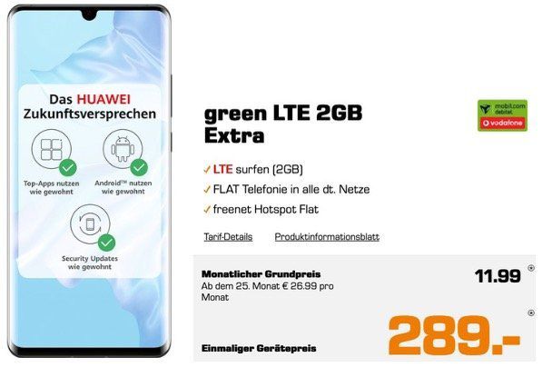 🔥 Knaller: Huawei P30 Pro für 289€ + Allnet Flat Vodafone 2GB LTE für 11,99€ mtl.   auch P30 und Mate20