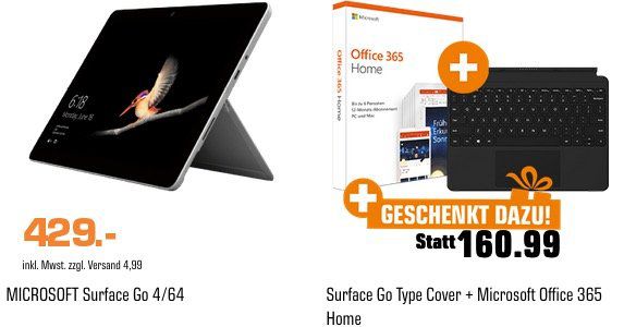 Microsoft Surface Go 4GB + 64GB SSD + Type Cover + Office 365 Home für 429€ (statt 506€)