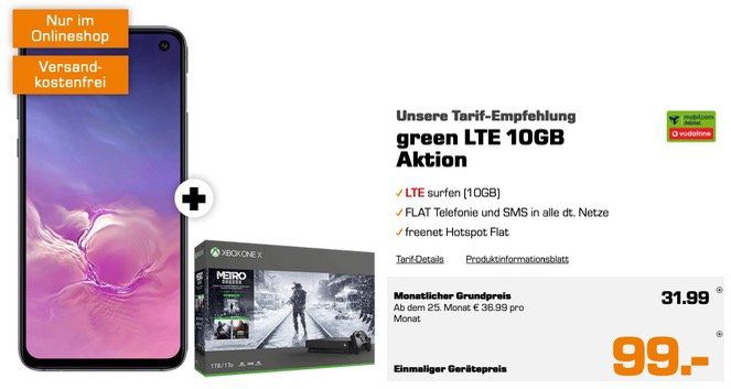 🔥 Samsung Galaxy S10e + Xbox One X 1TB Metro Exodus Bundle nur 99€ + Vodafone Flat mit 10GB LTE für 31,99€ mtl.