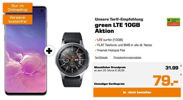 Samsung Galaxy S10 inkl. Galaxy Watch 46mm für 79€ + Vodafone Tel + SMS Flat mit 10GB LTE für 31,99€ mtl.