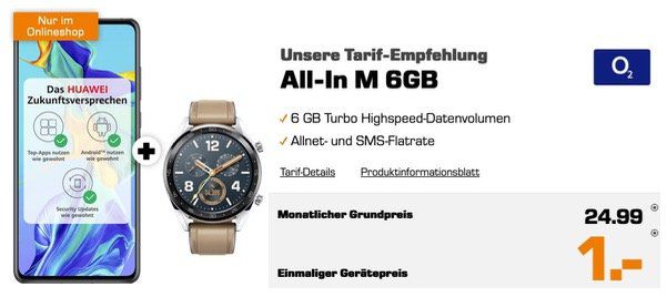 Huawei P30 mit Watch GT für 1€ + O2 Allnet Flat mit SMS und 6GB LTE für 24,99€ mtl.