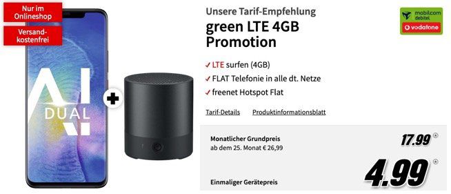 Huawei Mate 20 Pro + gratis Lautsprecher für 4,99€ + Vodafone Allnet Flat mit 4GB LTE für 17,99€ mtl.