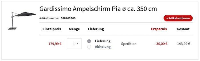 Abgelaufen! Gardissimo Ampelschirm Pia 350cm für 178,99€ (statt 422€)