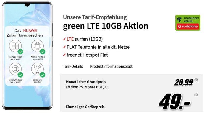 Huawei P30 Pro + Band 4 Pro + Waage nur 49€ + Vodafone Flat mit 10GB LTE50 für 26,99€ mtl.