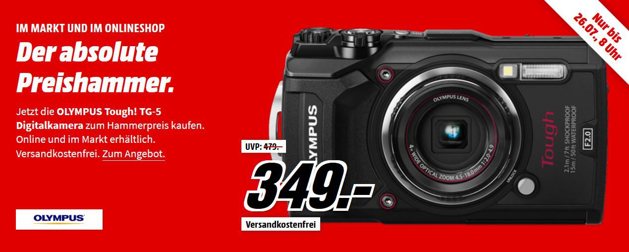 OLYMPUS Tough! TG 5 Digitalkamera 4K Videos bis 15m Wasserdicht für 349€ (statt 375€)