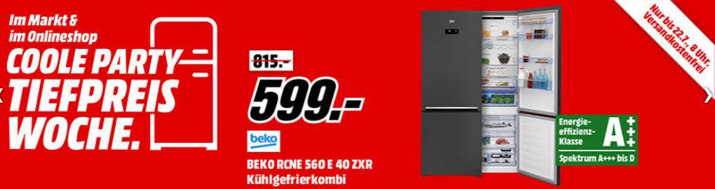 Media Markt Coole Tiefpreiswoche: z.B. BEKO RCNE 560 Kühlgefrierkombination für 599€ (statt 791€)