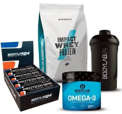 Impact Whey (1kg) + 12x Bodylab Protein Bar + 120 Kapseln Bodylab Omega 3 + Shaker für 26,25€ (statt 35€)