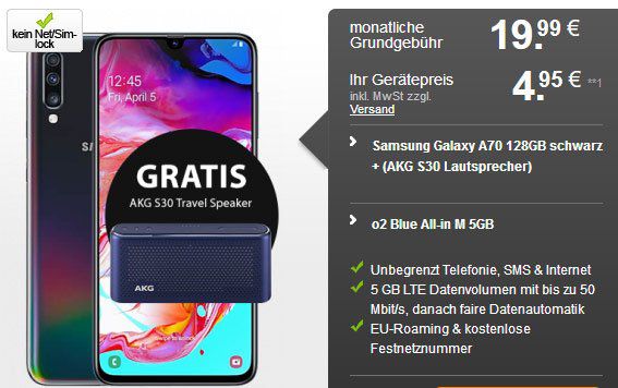 Samsung Galaxy A70 mit 128GB + AKG S30 Lautsprecher für 4,95€ + o2 Blue mit 5GB LTE für 19,99€ mtl.