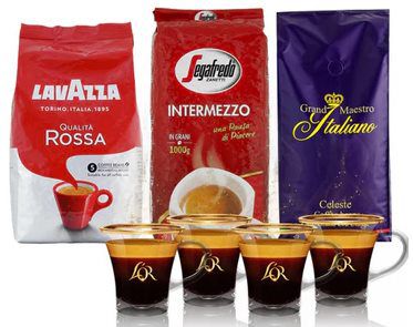 3x 1kg Lavazza, Segafredo, Grand Maestro Italiano + 4  LOR Espresso Gläser für 39,99€ (statt 70€)