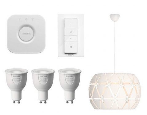 Philips Hue White & Color GU10 Starter Kit mit 3 Lampen, Bridge, Dimmschalter + gratis Pendelleuchte für 168,95€ (statt 239€)