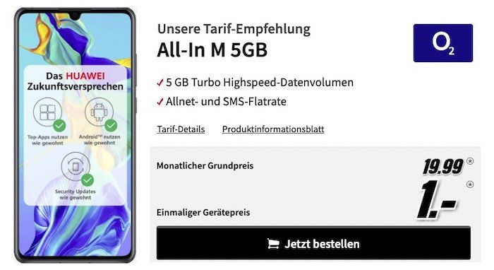 Huawei P30 für 1€ + o2 Allnet Flat mit 5GB LTE für 19,99€ mtl.